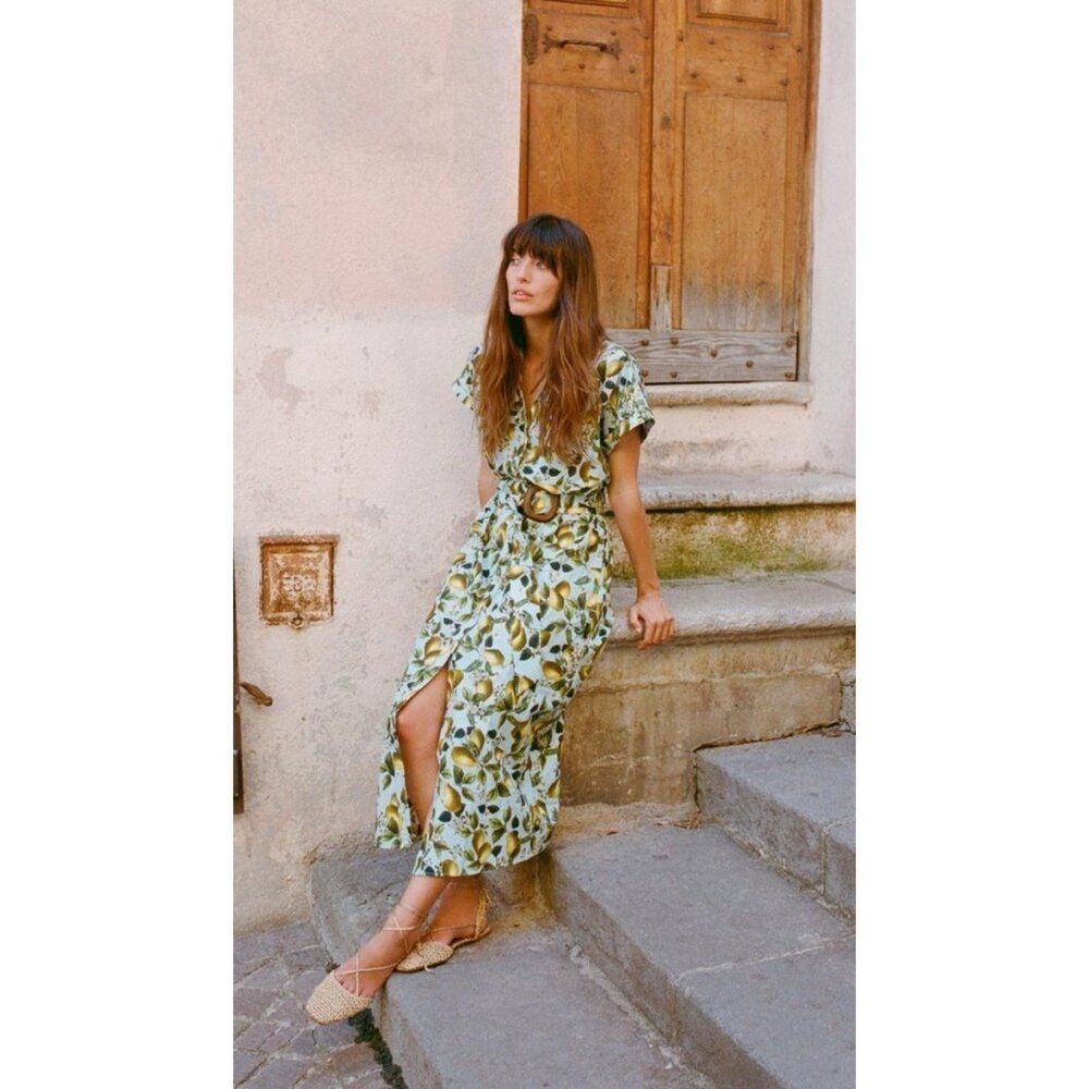 Zara Womens Lemon Shirt Dress Midi M Medium Belted Short Sleeve 8783/177 NWT